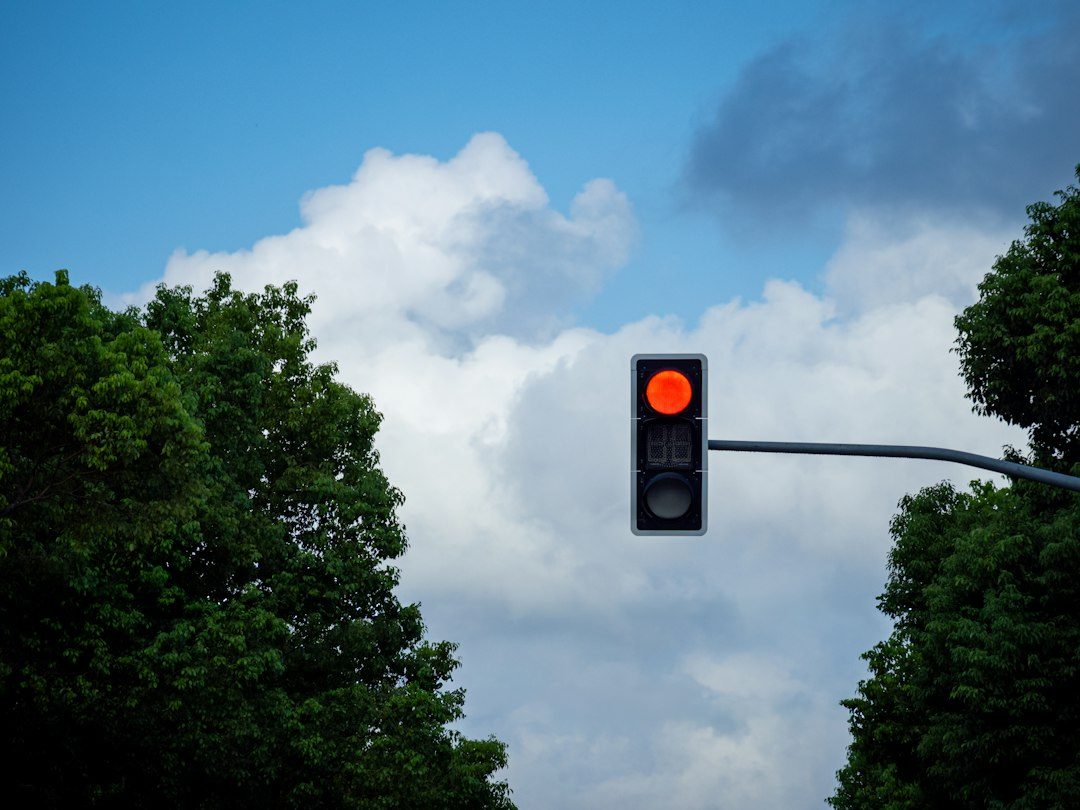 Lampu lalu lintas menyala merah dengan latar langit